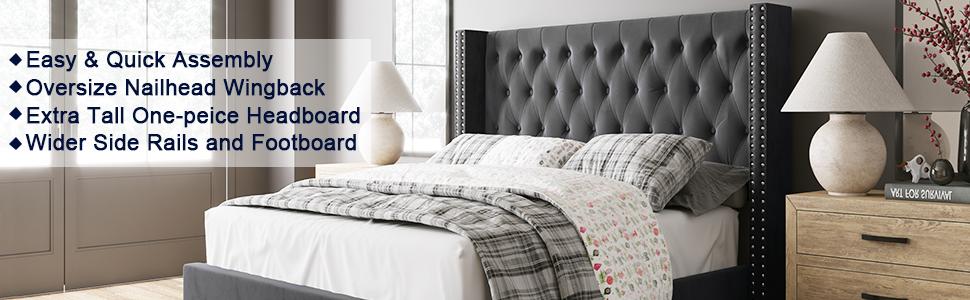 AMERLIFE Bed Frame with 49.2" Wingback Headboard, Upholstered Velvet Bed with Tufted Diamond Button/No Box Spring Needed/Easy Assembly/Christmas Gift