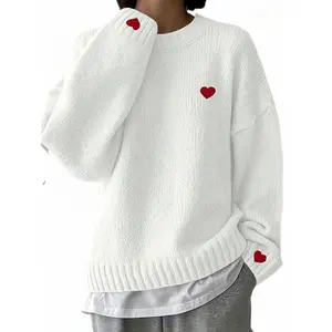 Cakulo Women's White Heart Embroidered Off-shoulder Sweater Soft Long Sleeve Pullover for Autumn Winter Casual Loose-fit Round Neck Knitwear Tops Korean & Japanese Style - Knitting Fashion Womenswear