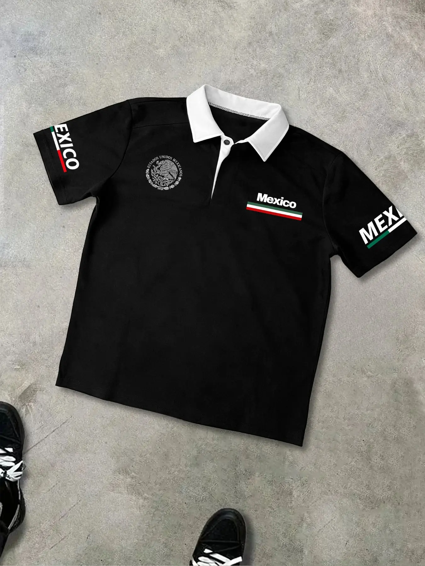 Polo shirt - Black and white color-block Mexican Fitted Polo shirt - Classic lapel top with Graphic national emblem print, Printed Polo Top, daily versatile casual trendy clothing