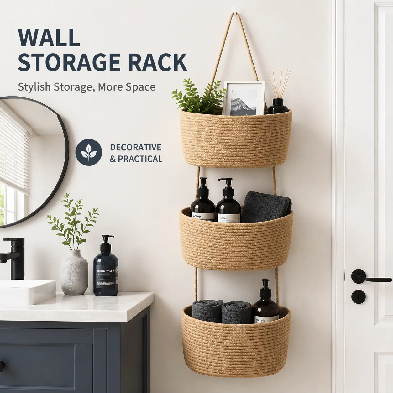 3 Tier Over The Door Hanging Basket Organizer, Boho Woven Cotton Storage Bag with Hooks, Wall Mounted Basket for Bedroom, Nursery, Bathroom, Pantry, Dorm Room, Home Decor, Space Saving Organizer for Baby Items, Toys, Towels and Daily Essentials Lightweigh