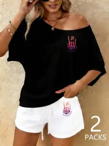 Women's Casual Loose Fit One Shoulder Top & Striped Shorts Set, Skull Print, Perfect for Outdoor, Shopping, Party, Summer Fashion