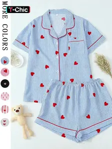 Heart Print & Classic Striped Pajama Set | Chic All-Season Loungewear | Soft 2-Piece Short Sleeve PJs for Women | Sweet Nightwear Essentials, Breathable PJs, Aesthetic Party Set, The Perfect Gift, Outdoor, Lightweight
