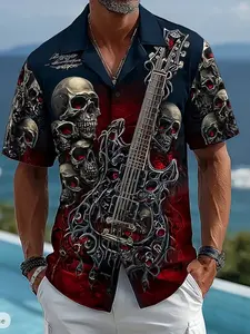 Men's Skull Pattern Short Sleeve Shirt, Fashion Design, Casual All-Season Wear, Fitted Short Sleeve Top, Casual Fitted Collared, Trendy All over Print, Casual Printed