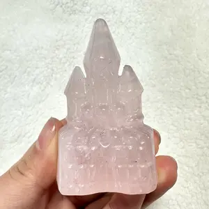 1 count Figurine Statue Natural Crystal Rose Quartz Castle Healing Crystal Stone Hand Carved Sculpture Home Desk Office Decoration Lover Gift