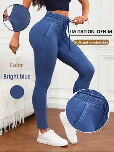 Women's High Elastic Fake Denim Layered Jeans, Printed Stretch Slim Fit Pants, High Waist Long Trousers for All Seasons