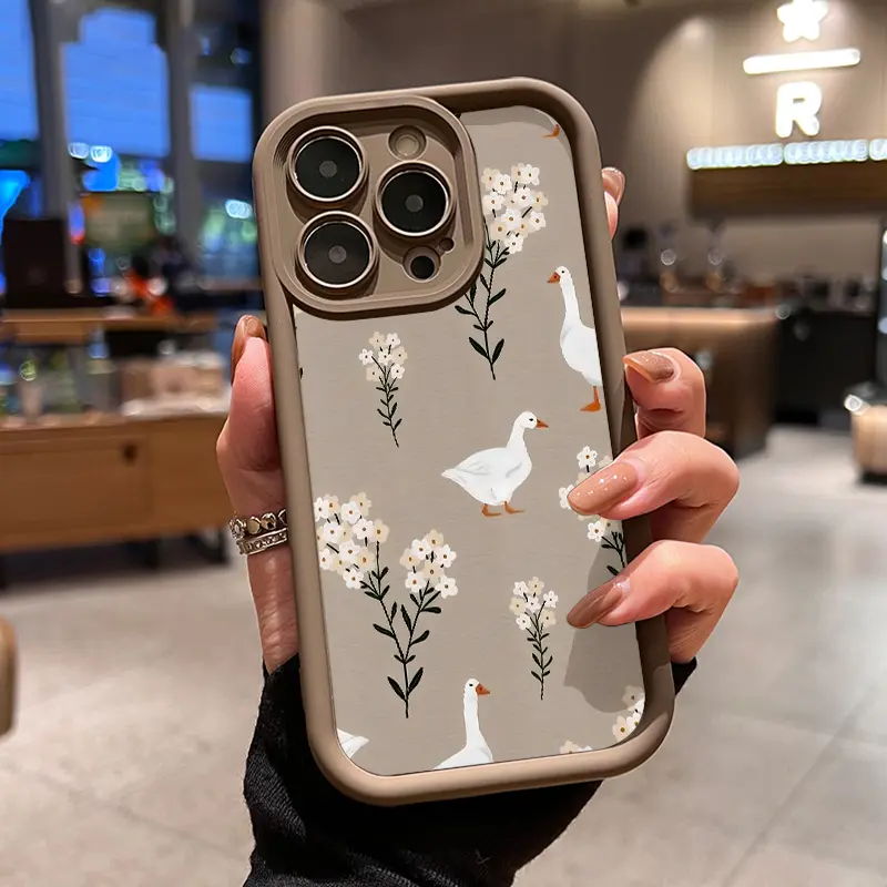 Floral Duck Design Shockproof Soft TPU Silicone Smartphone Case - 2D Printing, Camera & Screen Protector, Rugged Protection for iPhone 17 Pro Max,16,16e,15,14 Plus,13,12 Mini,11,Air,X,XS - Handheld Cellphone Devices Accessory, Valentine's Day Gift