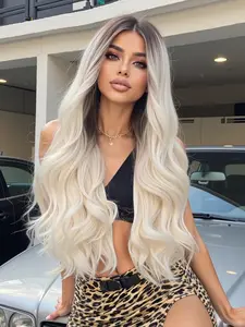 28 Inch Long Blonde Wavy Wigs for Women, Gorgeous Fluffy Wigs with Blunt Bangs, Synthetic Full Machine Wigs for Party, Daily Use