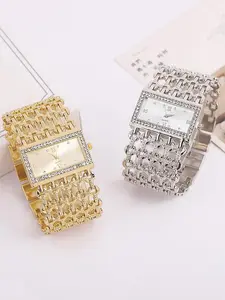 Women's Elegant Rhinestone Decorated Quartz Watch, Fashionable Rectangle Dial Watch for Women & Girls, Trendy All-match & Exquisite Watch for Birthday Gift