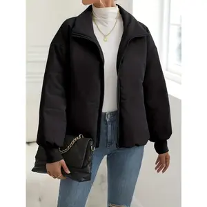 Women��s Plain Funnel Neck Zip-Up Puffer Coat, Casual Fashion Drop-Shoulder Long-Sleeve Coat for Everyday Outdoor Wear, Women��s Winter Apparel Fit Jacket