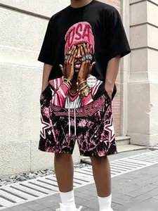 Men's Casual Round Neck Short Sleeve Print T-Shirt and Shorts Set, Outfit, Fashion Streetwear Style, Comfortable Summer, Two-Piece Suit