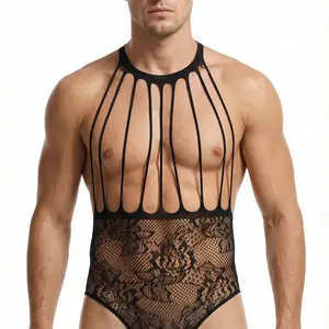 Men's Open Crotch Stretch Harness Lace Bodysuit - Sheer Mesh Spandex Lingerie, Halter Neck Strappy Design One-Piece, Breathable Fabric, Stretchy Fit for All Shapes, See-Through Style, Ideal for Intimate Wear & Costume