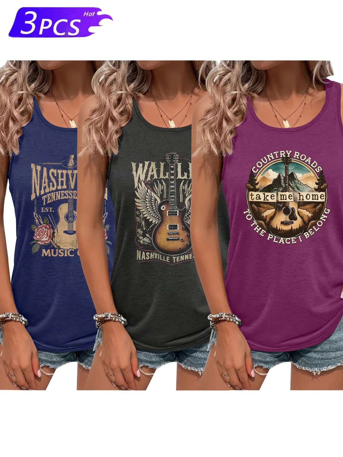 Women's Vintage Nashville Guitar Sleeveless Three-Piece Set, Casual Stretchable Top, Round Neck, All-Season Wear, Fun Printed Design
