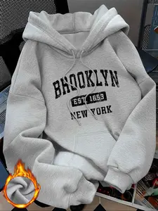 Women's Retro Hooded Sweatshirt, Fashion Creative New York Brooklyn Letter Print, Long Sleeve Fitted Winter Warm Casual Pullover Womenswear