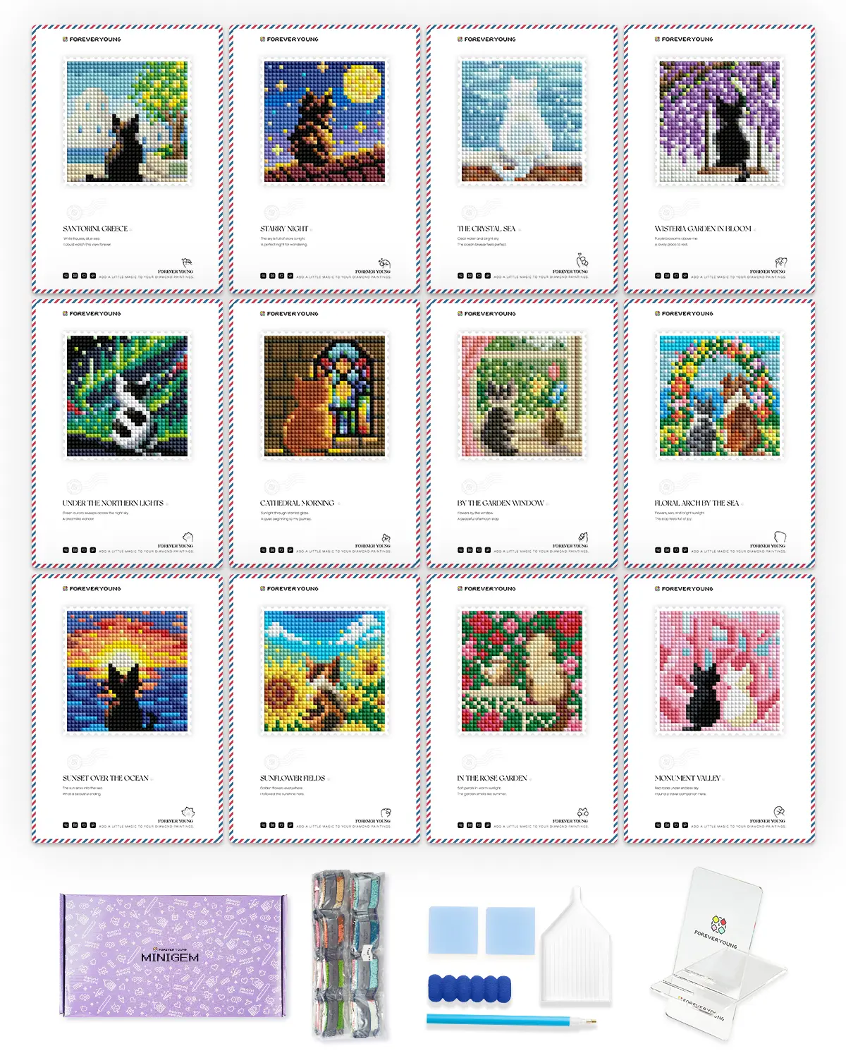 ForeverYoung Minigem Kitty Around the World Small Diamond Art Kits for Beginners, 12 PCS Cat Diamond Art Kits for Adults, 5x7 Inch Square Diamond Painting Cards, Relaxing DIY Craft for Stress Relief