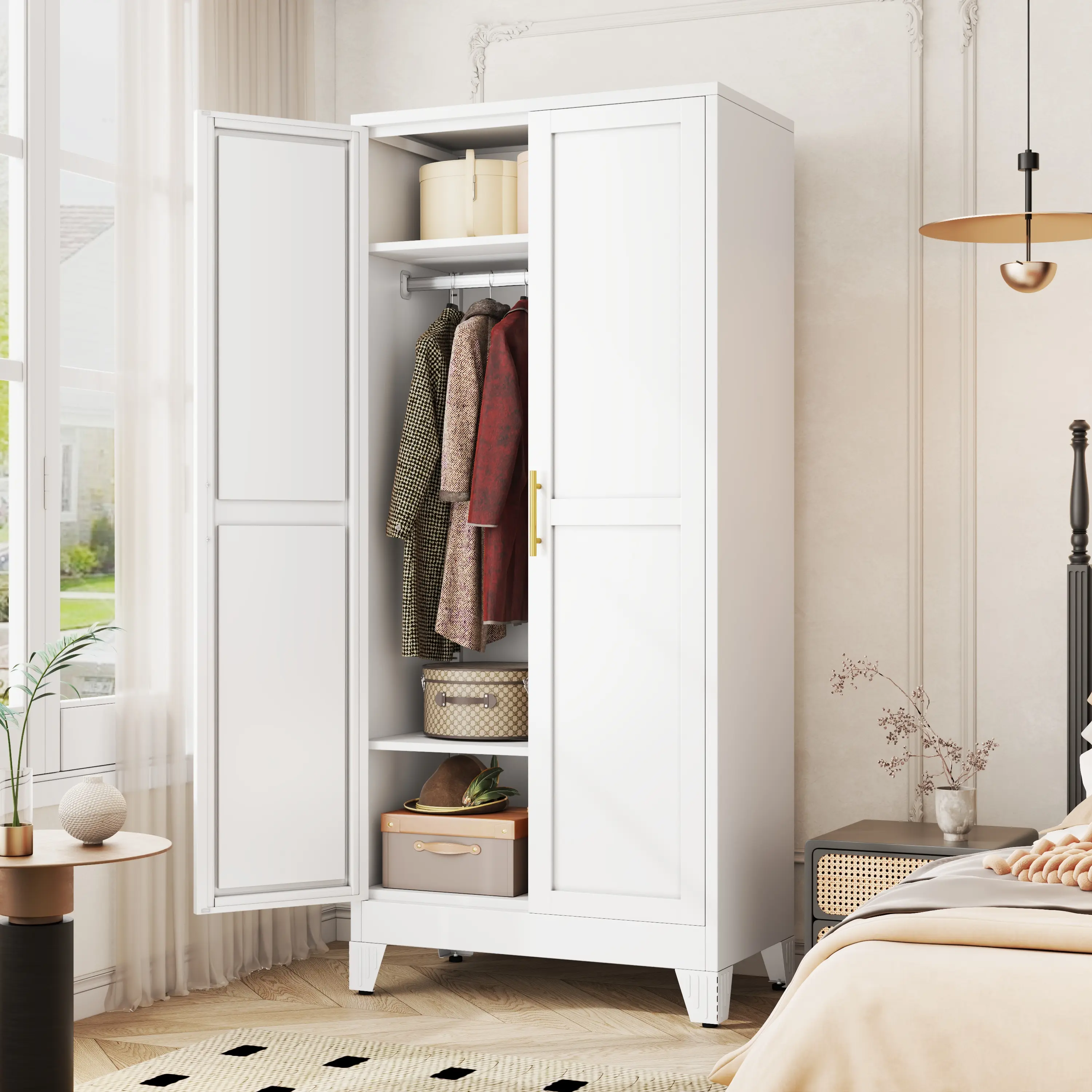 Metal Armoire Wardrobe Closet with 2 Doors, Freestanding Bedroom Clothing Storage Cabinet with Adjustable Shelves & Hanging Rod