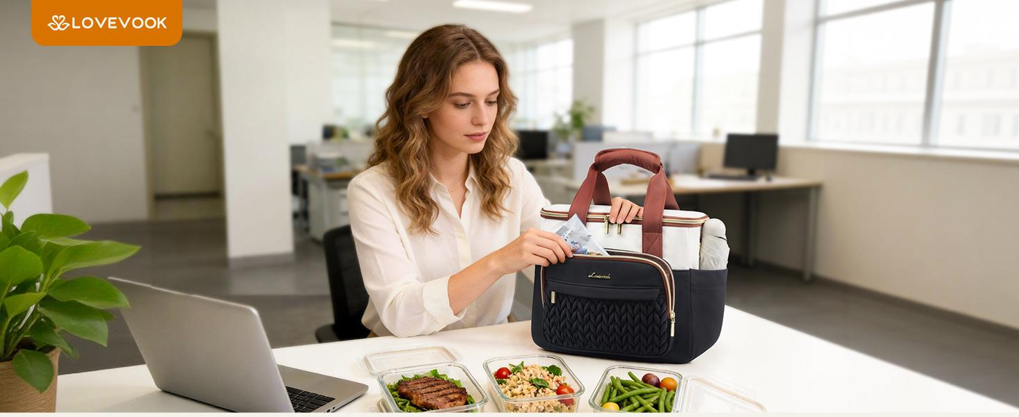 LOVEVOOK Lunch Bag Women, Insulated Wide Opening Adult Lunch Box for Women Work with Cup Holder, Large Lunch Cooler Tote Bag with Utensils Pocket for Office Campus Picnic Beach Mom Nurse Family