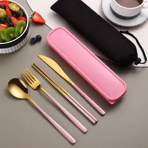 UFORU Portable Stainless Steel Cutlery Set, 4 Pieces with Storage Box, Includes Knife, Fork, Spoon, Chopsticks, Reusable, Suitable for Camping, Office, Student Meals, Picnics, etc.