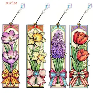 4-piece set of diamond-painted bookmarks, DIY floral bookmarks, home office, school classroom, crystal pendant bookmarks, suitable for beginners as handmade Christmas gifts, Book accessories
