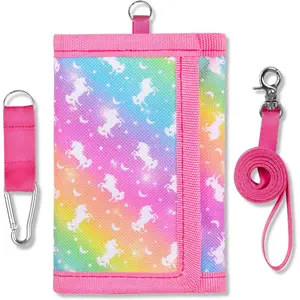 P-KWL02  Kids Wallet for Girls Little Girls Toddler Trifold Canvas Wallet with Lanyard Zippered Coin Pocket and Card Holders Novelty Wallet Gifts for Kids Rainbow Unicorn