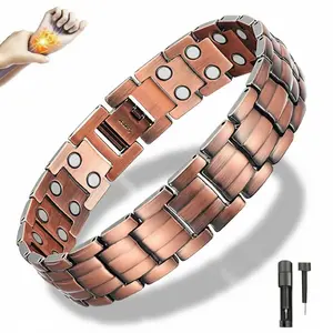 Men's Solid Copper Bracelet with Double-Row Strong Magnets for Arthritis Relief Magnetic Field Therapy Adjustable Fit Comfortable Wristband