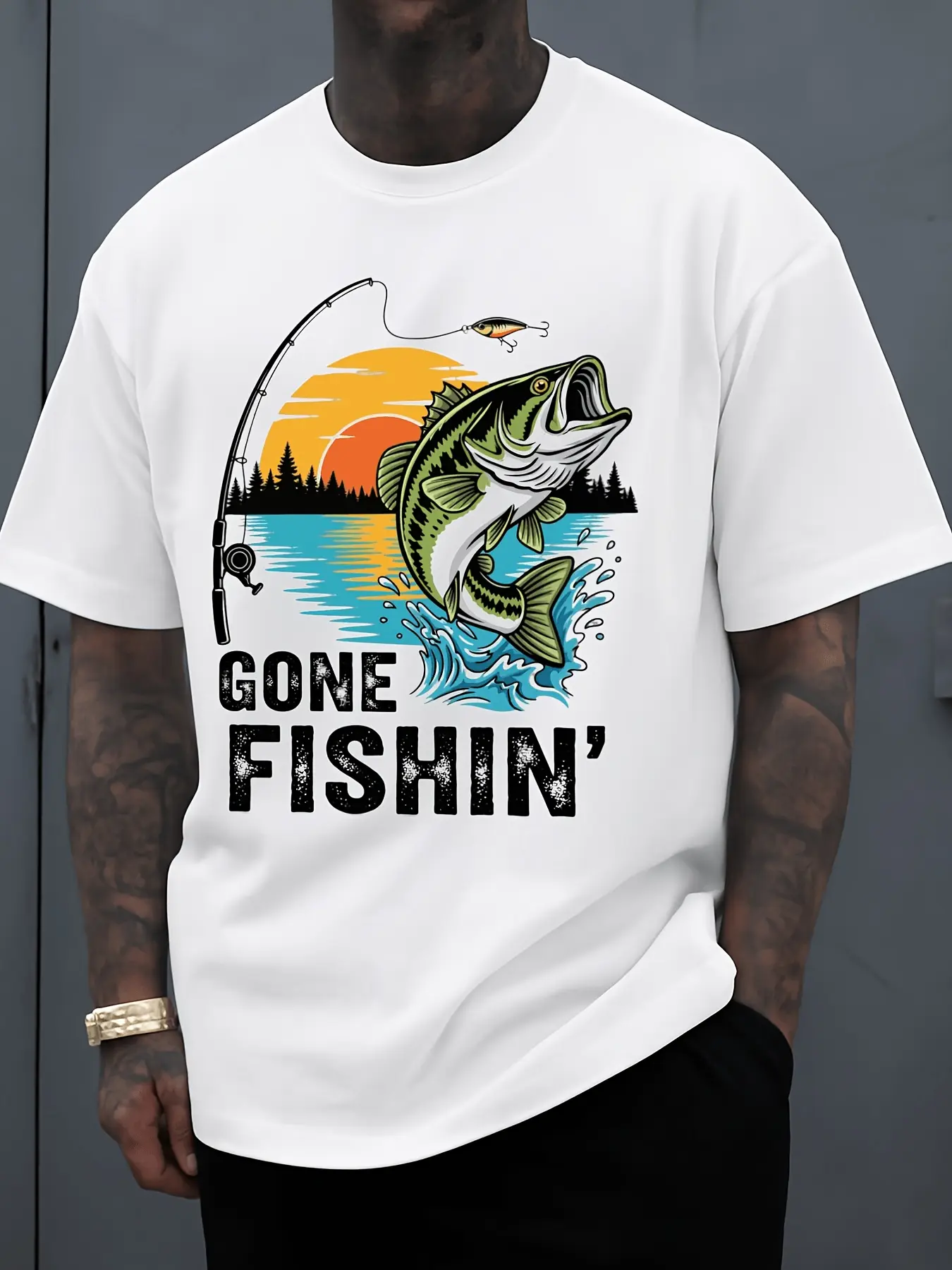 Men's Fishing Adventure 'Gone Fishin'' T-Shirt, Ma unisex soft cotton short sleeve t shirt, vintage graphic casual tee for men women teens, perfect birthday holiday gift for camping travel gym daily street casual wear
