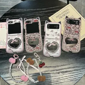 Cute 3D Cat Ear Love Mirror Phone Case For Samsung Galaxy Z Flip 3 4 5 6 7 Flip6 Flip7 With Lanyard Ballet Shoes Bow Back Cover