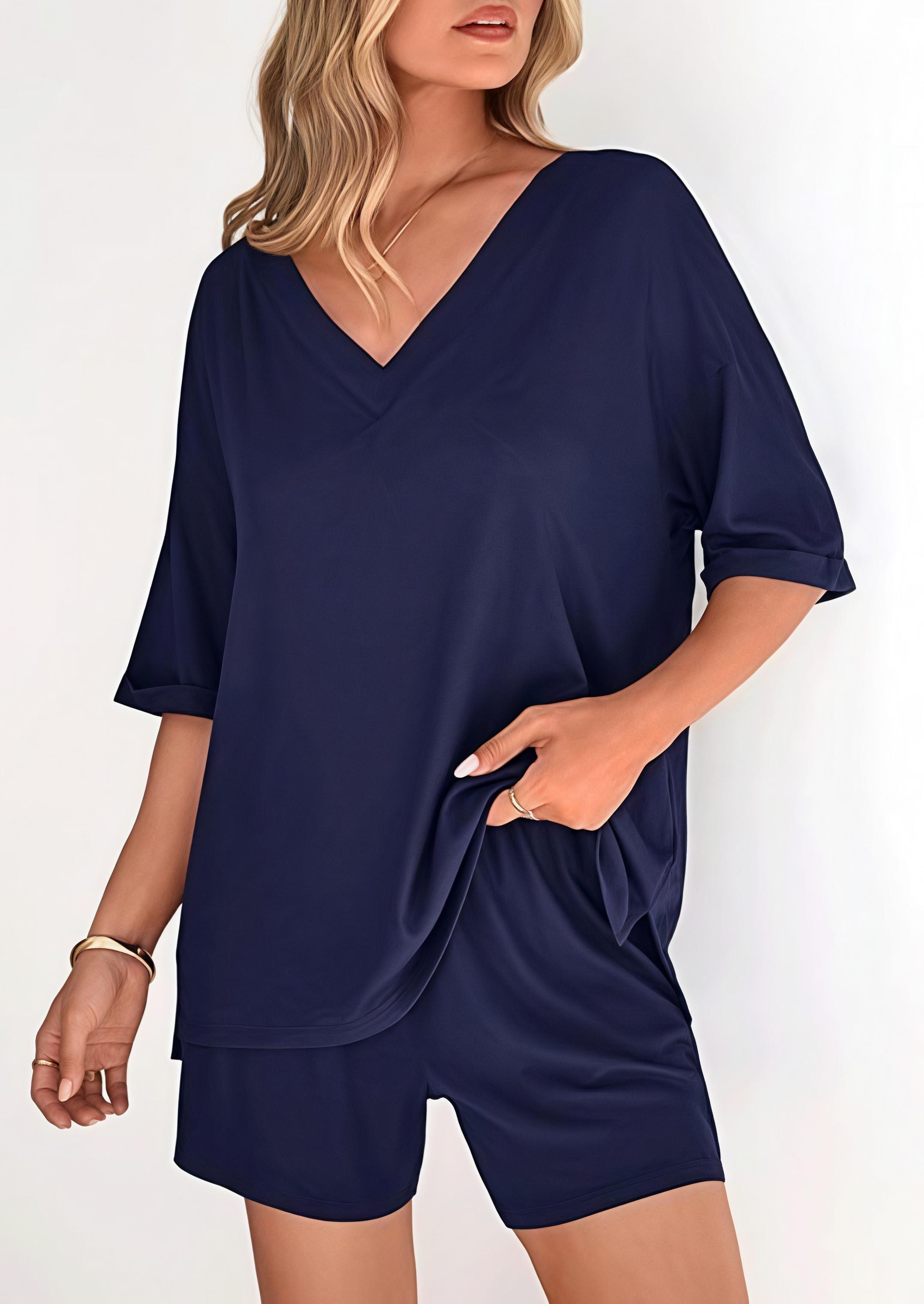 2026 Women 2 Piece Lounge Set, V Neck Half Sleeve Top & Shorts, Casual Summer Loose Outfit, Travel Beach Daily Loungewear 2026 Women 2 Piece Lounge Set, V Neck Half Sleeve Top & Shorts, Casual Summer Loose Outfit, Travel Beach Daily Loungewear