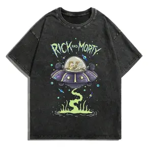 Vintage Black Washed Rick and Morty T-Shirt, Full Front "Rick and Morty" Logo & UFO Spaceship Print, Oversized Unisex Tee for Fans & Street Style