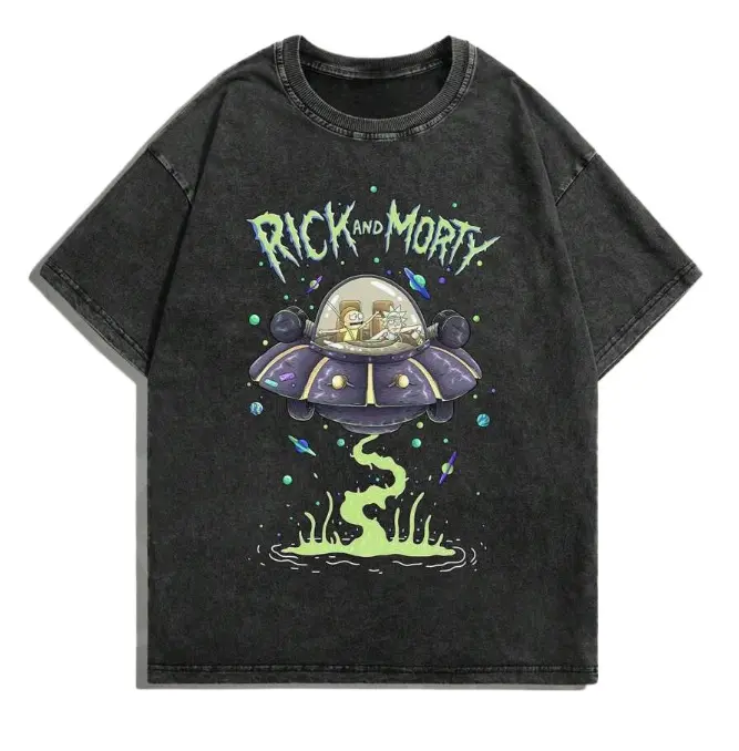 Vintage Black Washed Rick and Morty T-Shirt, Full Front "Rick and Morty" Logo & UFO Spaceship Print, Oversized Unisex Tee for Fans & Street Style