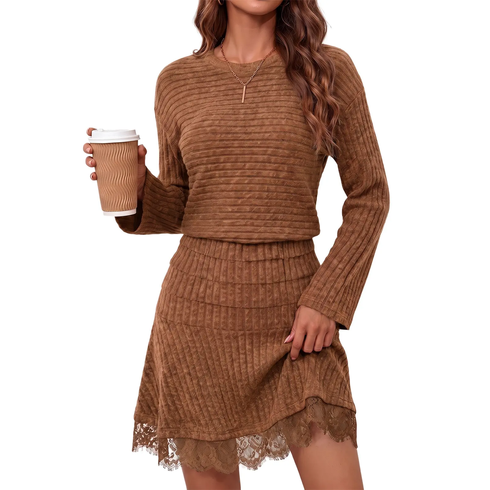 Wenrine Womens Long Sleeve Sweater Dress Casual Crewneck Lace Hem Fall Winter Ribbed Knit A-Line Midi Dresses