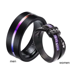 Ringcrown Couple Rings Black And Purple Matching Ring Princess Cut AAA CZ Women Wedding Ring For Him And Her Ring Sets Men Tungsten Steel Wedding Band