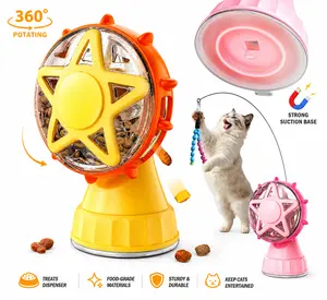 Interactive Cat Treat Toy with Suction Cup, 2-in-1 Cat Puzzle Feeder & Teaser Wand, Adjustable Food Dispensing Toy for Indoor Cats, Fun IQ Training Toy for Multi-Cat Homes