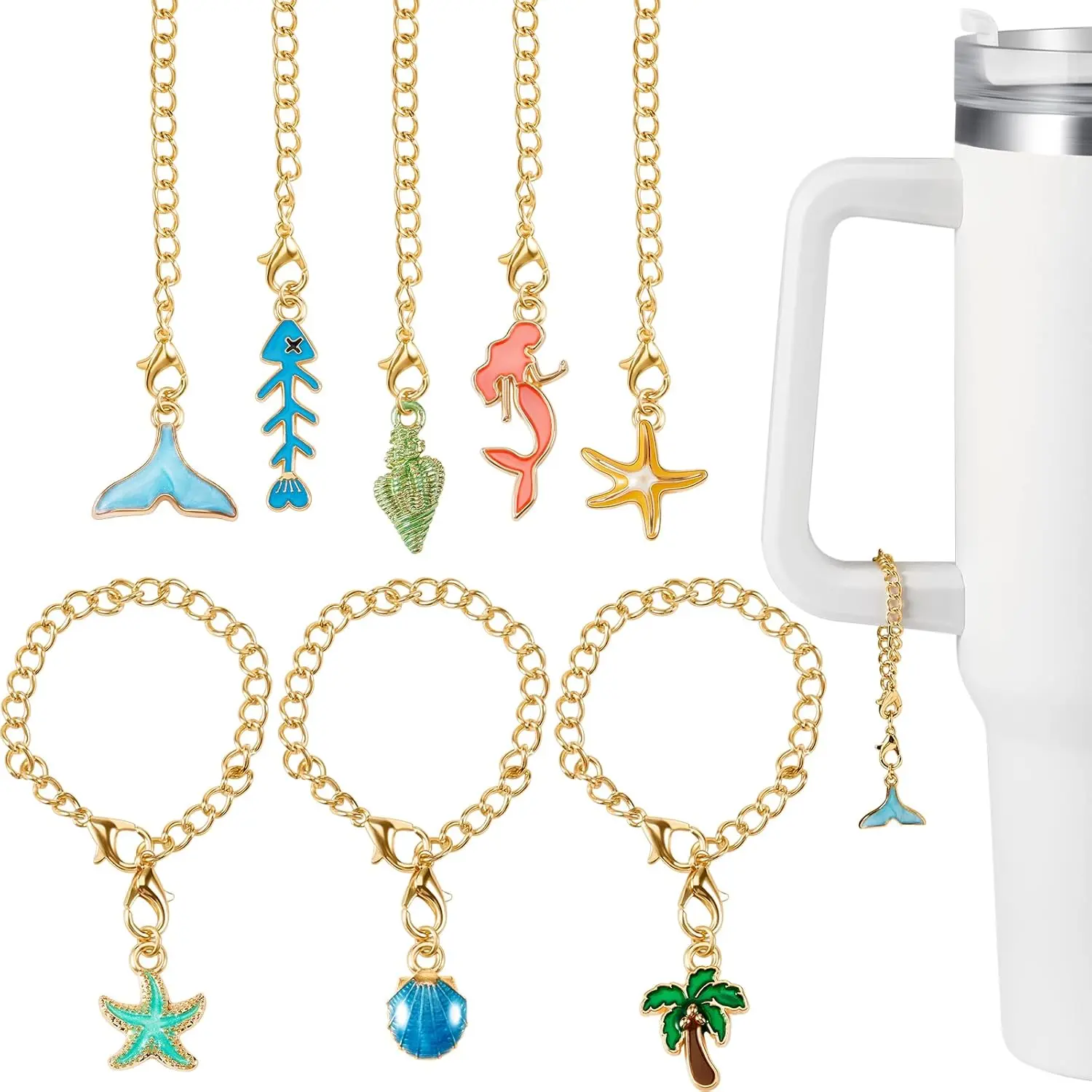 8 count Tumbler Charms Summer Beach Cup Charms Accessories  Pendants Starfish Shell Handle Charm for Mugs Cup Compatible with 20 30 40 oz Tumblers (Beach)