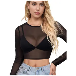 Sheer Mesh Long Sleeve Crop Top (Bra Not Included) Long Sleeve Skinny Sheer Shirt - Elastic Machine Washable, Suitable for Nightclubs, Casual Wear