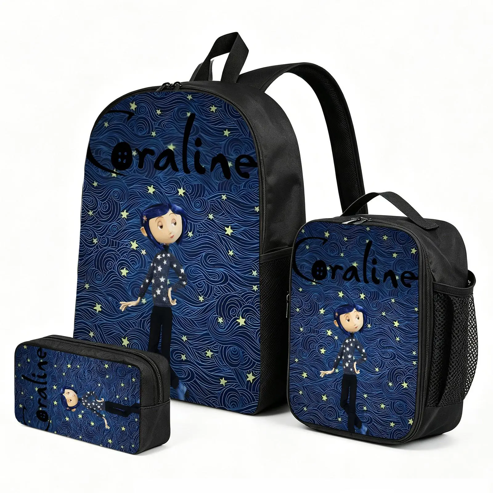 Coraline Backpack with Lunch Box and Pencil Case | School Bag Set | 3-Piece Back to School Supplies for Boys & Kids