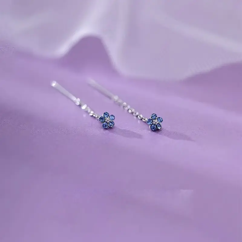 New popular blue diamond-studded floral earrings for women, small, exquisite, and high-end