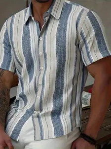 Men's slim short-sleeved button front collared shirt - Beige brown white grey horizontal striped button collar for summer beach getaways and casual office wear, anti-wrinkle vertical stripe collar, machine washable cut top, menswear