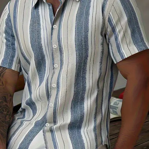 Men's Striped Short-Sleeve Shirt, Casual Button-Down Closure & Collar Design, Summer Beach Shirt, Tropical Hawaiian Style, Loose-Fit, for Beach, Party & Daily Wear, Multiple Colors, Casual Summer Clothing
