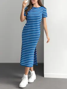 Women's Knitted Striped Fitted Dress, Womenswear, Casual Home Wear, Office, Party Gown, Versatile Fashion Piece for Various Occasions