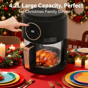 1200W Digital Air Fryer with Glass Pot 4.2L Large Capacity 360 View Healthy Oil Free Cooking for Chicken Fries Shrimp 110V Touch Screen Black Household Appliances Grill Compatible