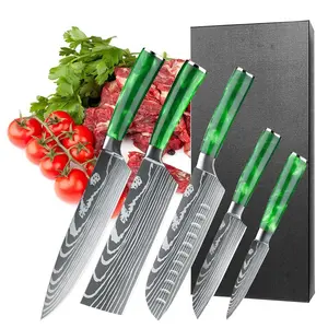 5PCS Kitchen Knife Set, High Carbon Stainless Steel Chef Knife Set with Damascus Pattern, Ultra Sharp Professional Knives Set with Ergonomic Resin Handle & Gift Box#fathersdaygift