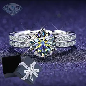 Luxurious Starlight Double Row Six Claw Wedding Ring, Opening Ring, Exquisite Box Packaging
