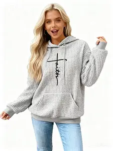 popular hoodies crewneck sweatshirt winter outfits for women -With "Faith" Cross Print,Relaxed Fit, Long Sleeve, Round Neck, Versatile Outerwear Top, Comfortable Casual Attire