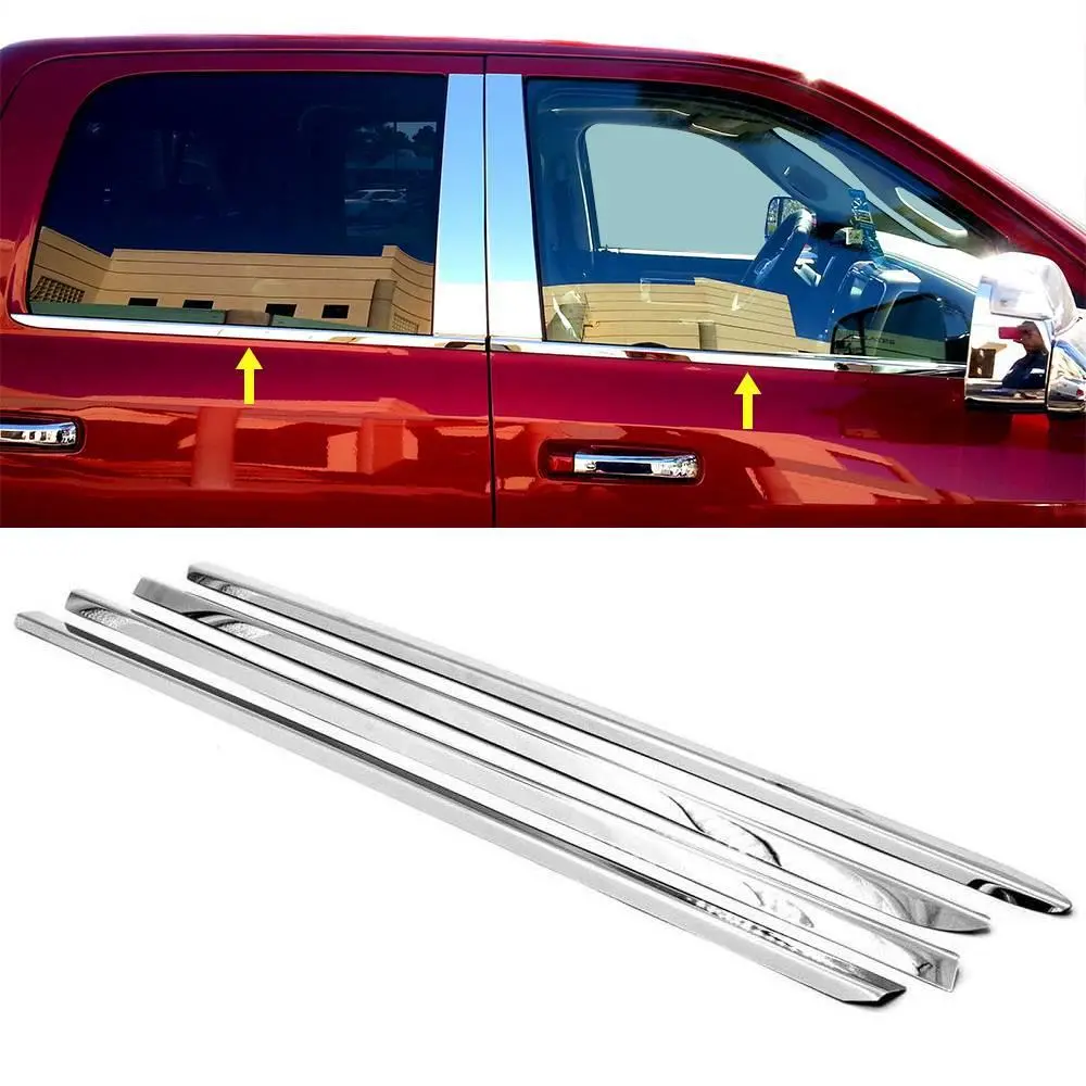 304 Polished Stainless Steel Tape-On Window Molding Sill Overlay Deco Car Accessory, Truck Accessory Compatible With 2009-2018 RAM 1500, 2500, 3500 Crew Cab 4-Door, Truck Accessories