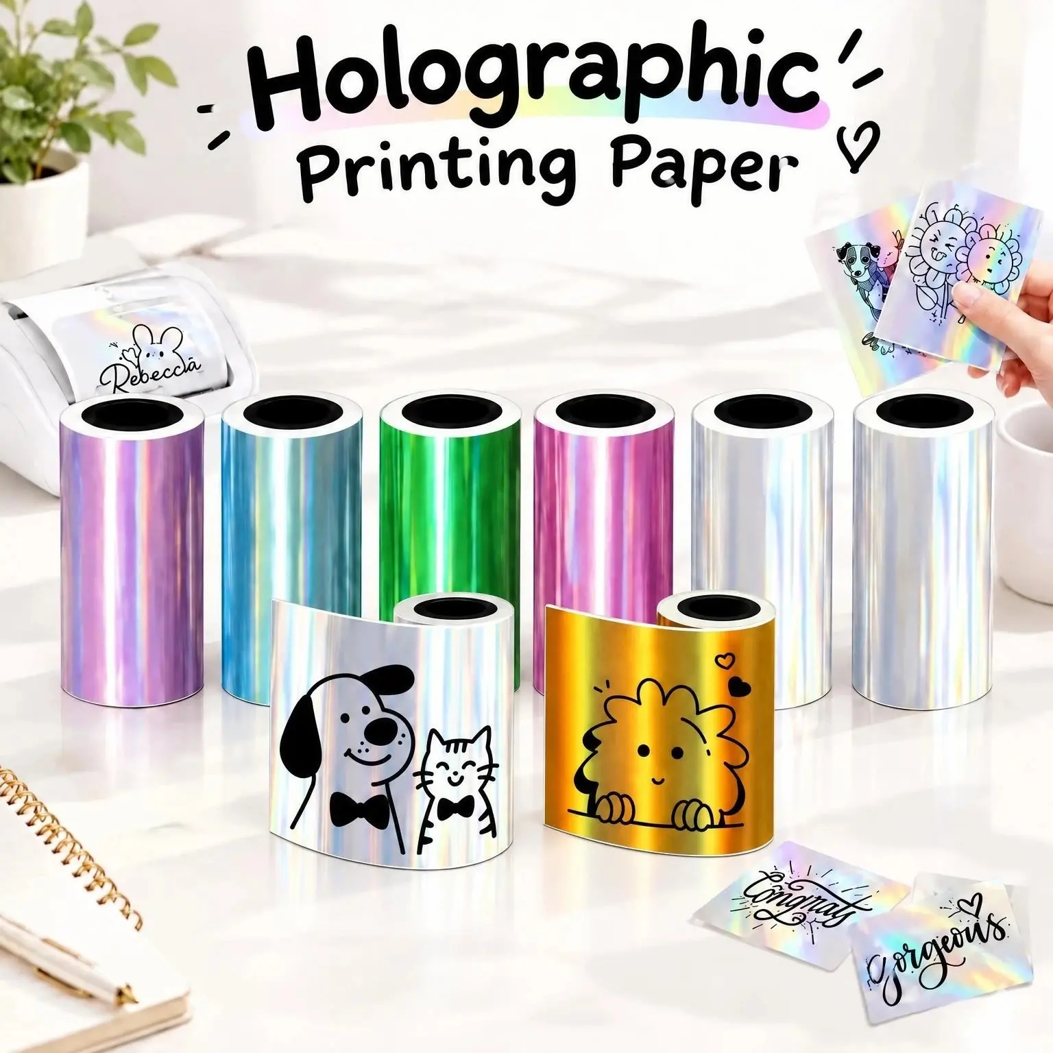 Holographic Laser Auto-Adhesive Durable Elegant Labels & Stickers Roll Set (8 Colorful Printable Rolls), QR Code Labels for DIY Users, Thermal Printer Compatible, Portable Wireless Printing Supported