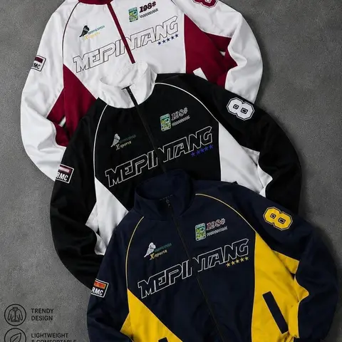 Men’s Thin Windproof Polyester Casual Athletic Racing Jacket - Lightweight Outdoor Sporty Active Urban Moto Outerwear with Embroidered Fashion Pattern, Breathable Unisex All-Season Coat, Casual Athletic Jacket