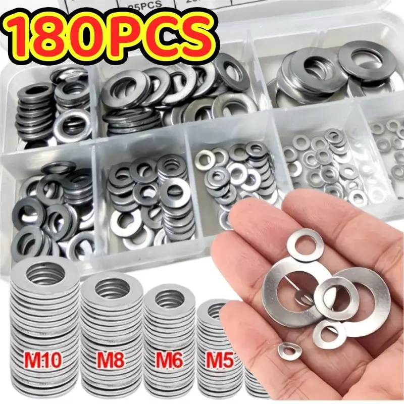 180PCS 304 Stainless Steel Flat Washers Assortment, 8 Sizes M2–M10, O-Ring Spacers & Retaining Washers Hardware Fasteners Kit with Storage Case, Rust-Resistant, Heavy Duty, Easy to Install, for DIY, Construction, Automotive, Marine & Industrial Use