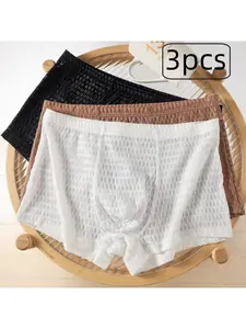 Men's Fashionable Plaid Plain Sheer Semi-Transparent Mesh Underwear Briefs, Breathable Comfortable Fitted Four-Piece Set, Casual Office Wear