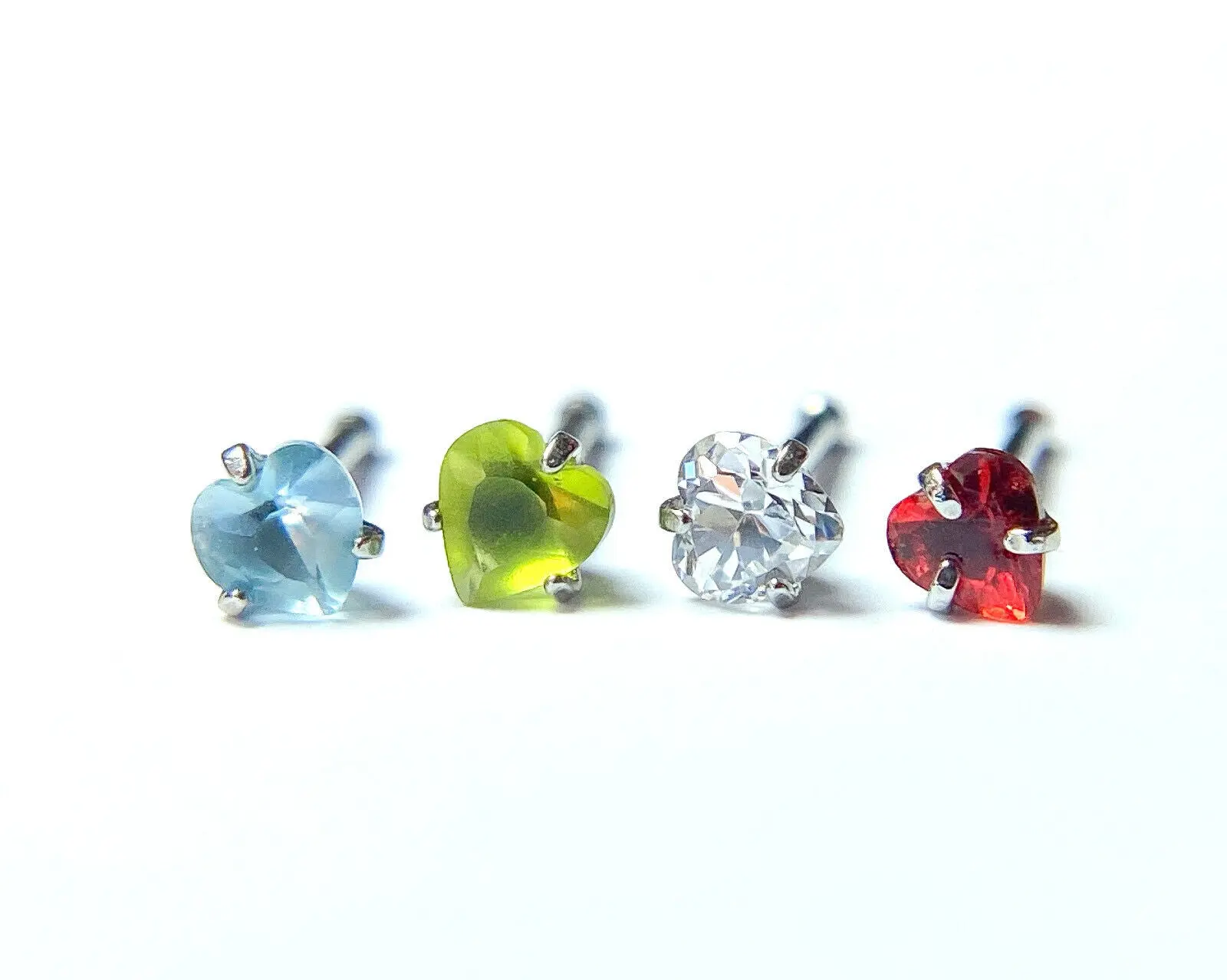 1pc Surgical Steel Nose Stud Ring w/Heart Prong Set Gem 20g - choose color