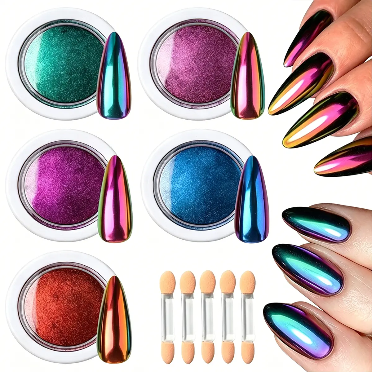5pcs/Set Chameleon Effect Nail Glitter Powder Mirror Metallic Pigment Nail Art Dust Polish Chrome Shining Pigment DIY Decor Mermaid Effect Chrome Pigment Dust Decor with Brush